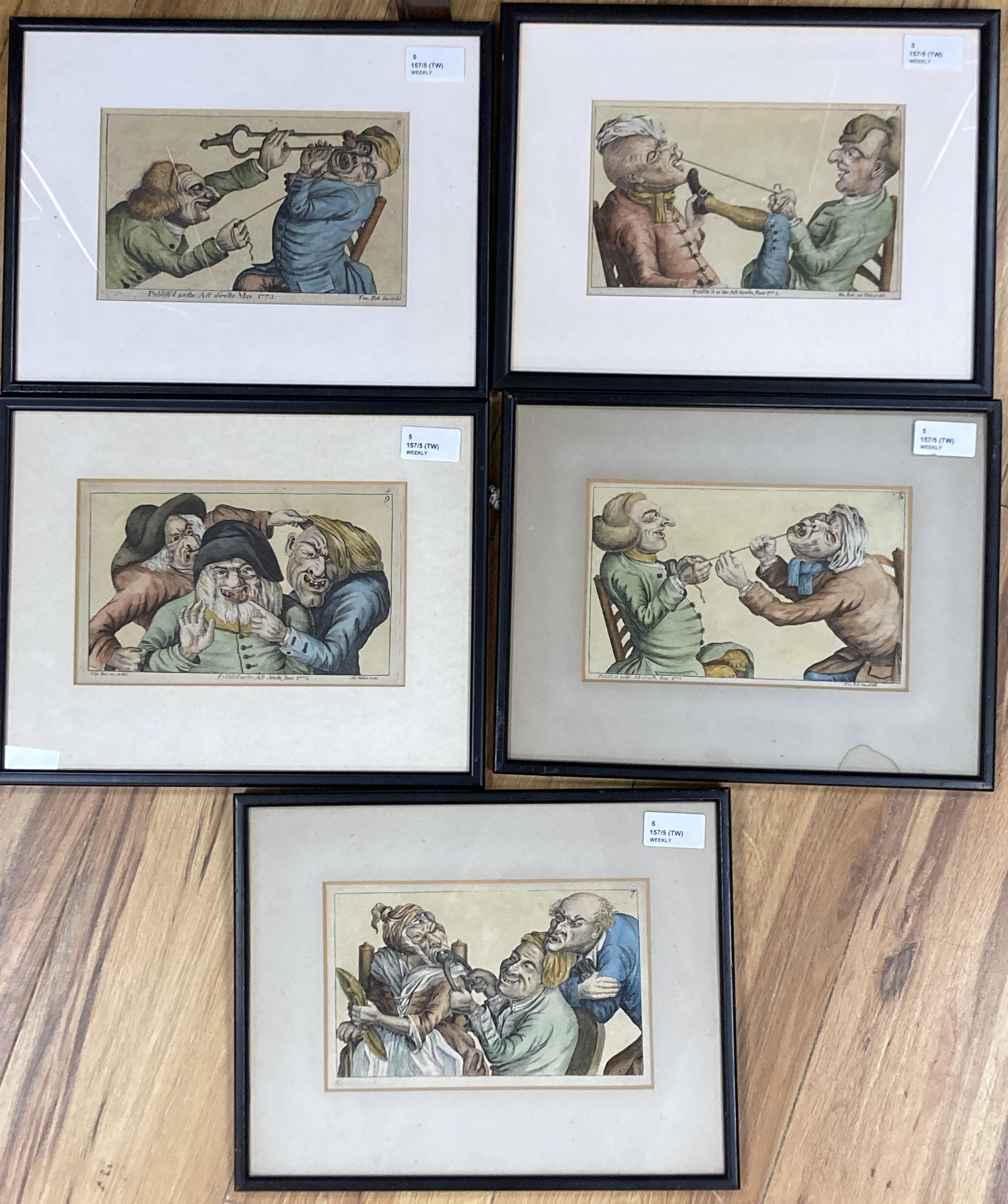 Tim Bobbin (John Collier 1708-1786), a set of five framed engraved caricatures from Human Passions Delineated